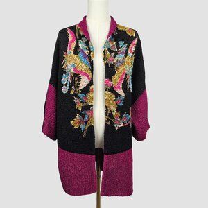 Oversized Open Front Reversible Cardigan L Crinkle Texture Floral Black Pink